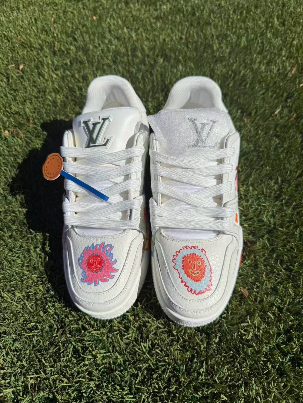 Louis Vuitton White Leather Sneakers with Colorful Sun Motif